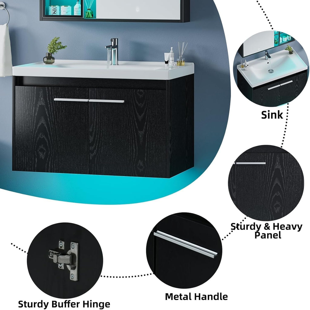 4ever2buy 31" Floating Bathroom Vanity with Sink, Modern Black Bathroom Vanity with LED Light