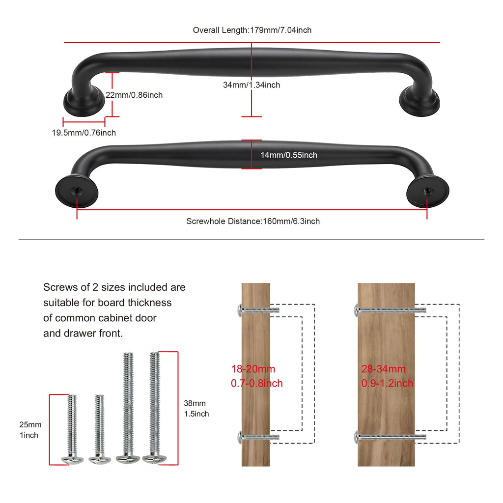10 Pack Cabinet Handles-6.3"/160mm Screw Spacing Matte Black Furniture Hardware Handles Cabinets Bedroom Dresser