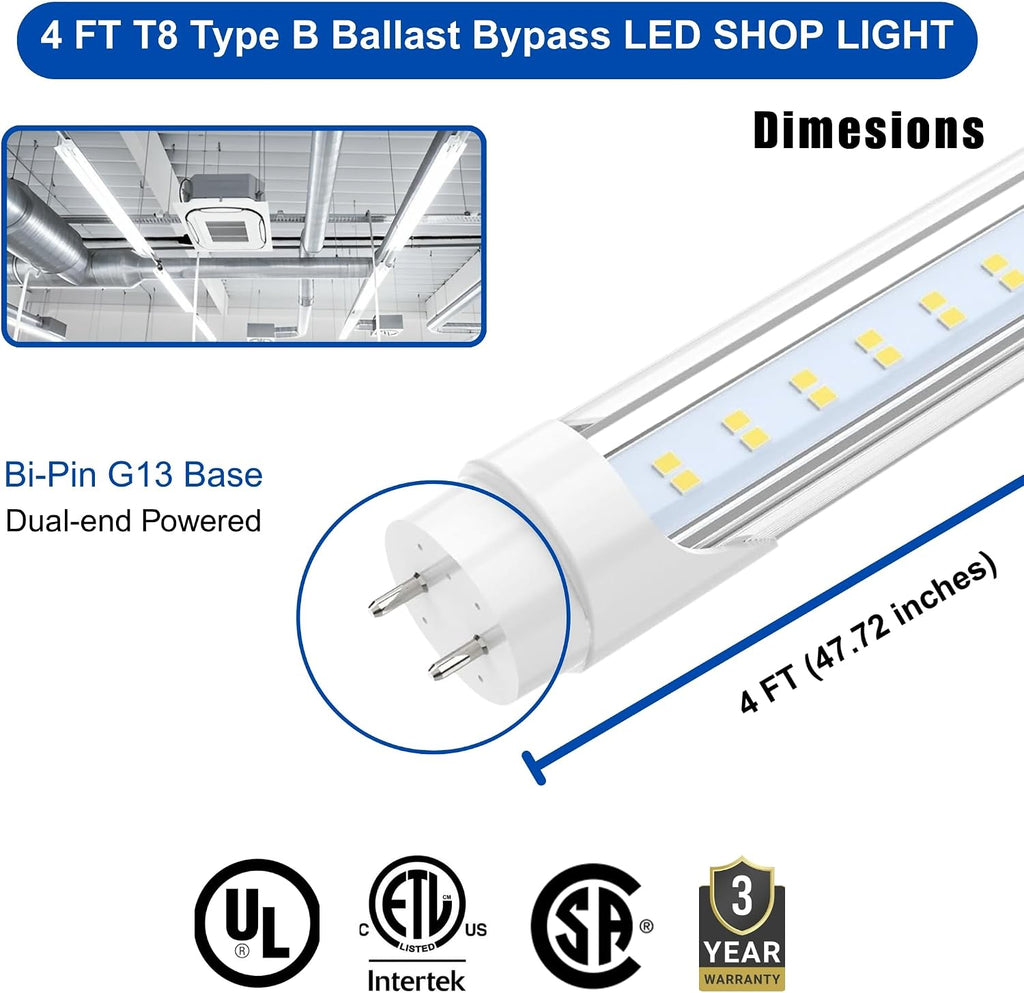 T8 4FT LED Type B Ballast Bypass Tube Light 2 Pin 24W 6500K (25 Pack)