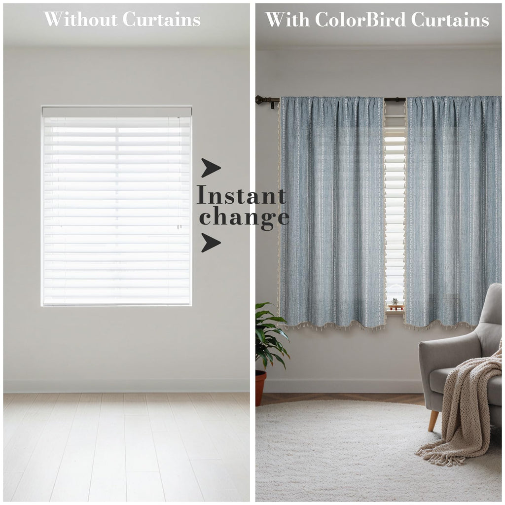 Blue Boho Curtains Linen-Textured Bedroom Light Filtering 2 Panels 63 Inch Farmhouse Embroidered Striped Curtains &