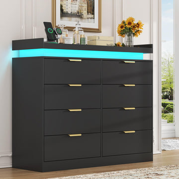 8 Drawer Dresser, Black Dresser with LED Lights and Power Outlet, Wooden Dressers Chests of Drawers, Double Wide