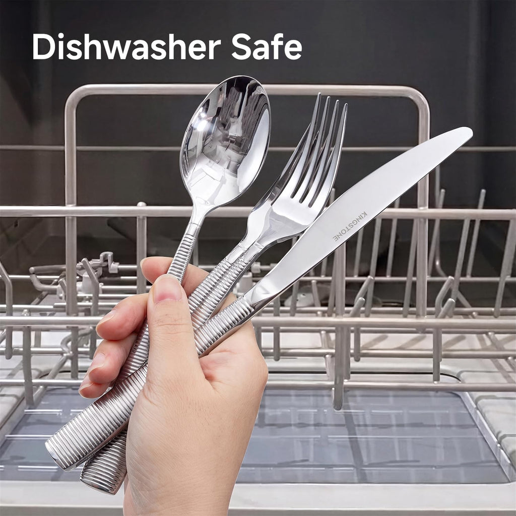 60-Piece Ribbed Silverware Set, 18/10 Stainless Steel Flatware