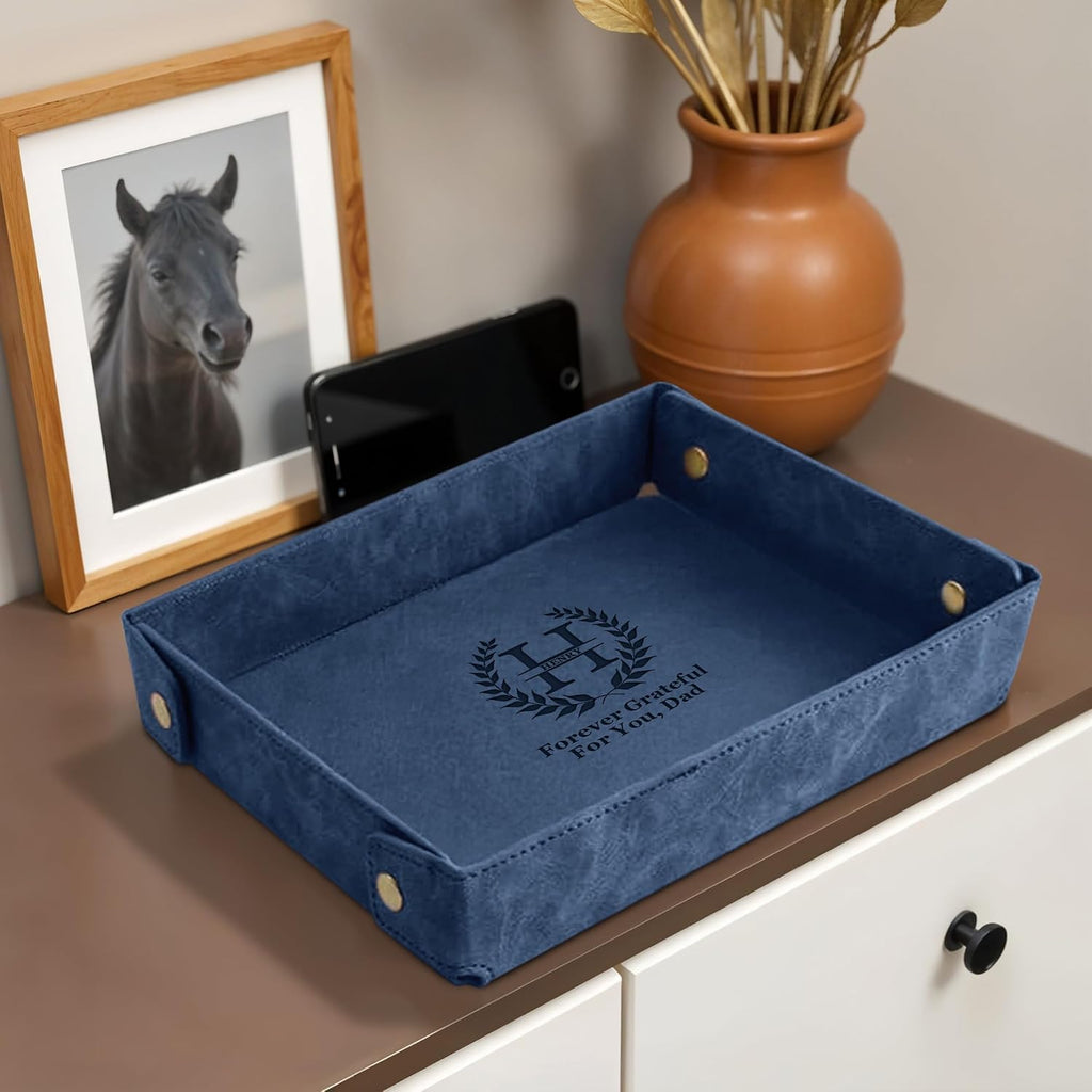 Engraved Leather Valet Tray for Men - Personalized Catchall with Custom Name for Desk, Dresser, Nightstand - Men's