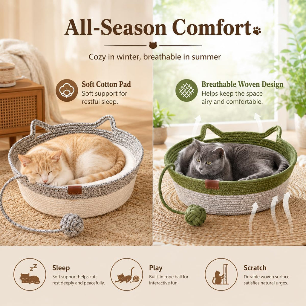 Instinct Basket for Cats, Handwoven Cotton Rope Cat Basket Bed with Toy Ball and Cat Ear Handles, Scratchable
