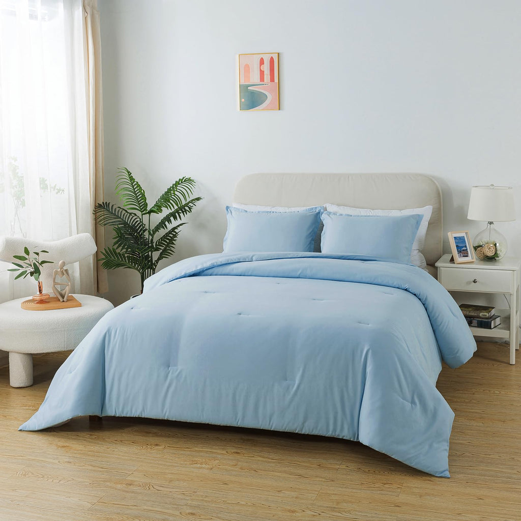 Light Blue Comforter Set Twin Size, Solid Lightweight Down Alternative Soft Boho Bedding Comforter Set, Breathable