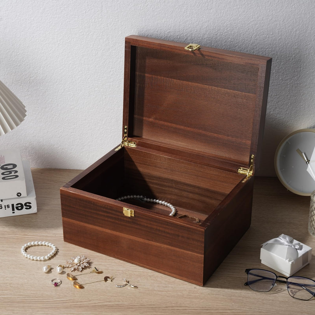 Large Wooden Storage Box - Wood Box with Lid Decor, Ideal for Keepsakes, Trinkets, Jewelry & Other Stash