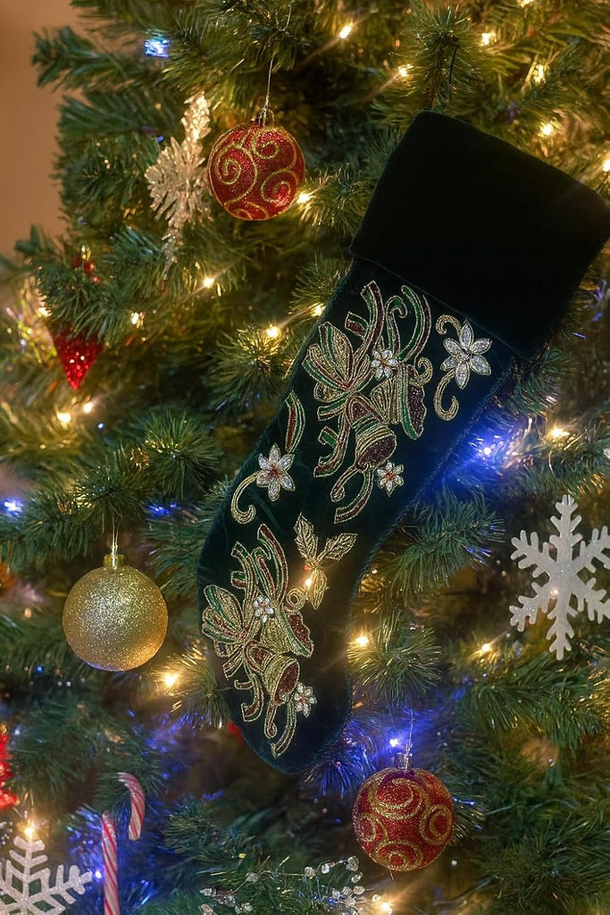 Luxury Velvet Christmas Stocking 21" x 7" - Hand Beaded, Embroidered Green Stocking with Tassel for Mantle Décor &