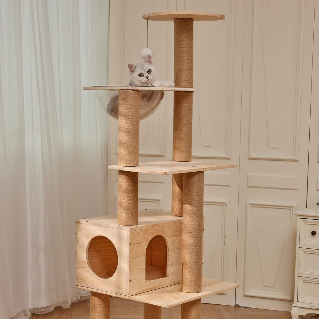 61'' Tall Real Wood Cat Tree with Space Capsule, Soft Top Bed with Toy Ball, Sisal Scratching Posts, Multi-Layer Cat