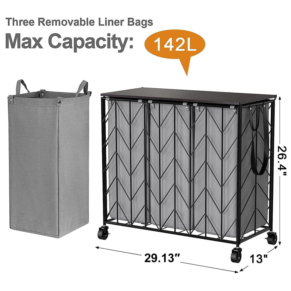Laundry Hamper 3 Section with Lid, 142L Laundry Basket with Wheels