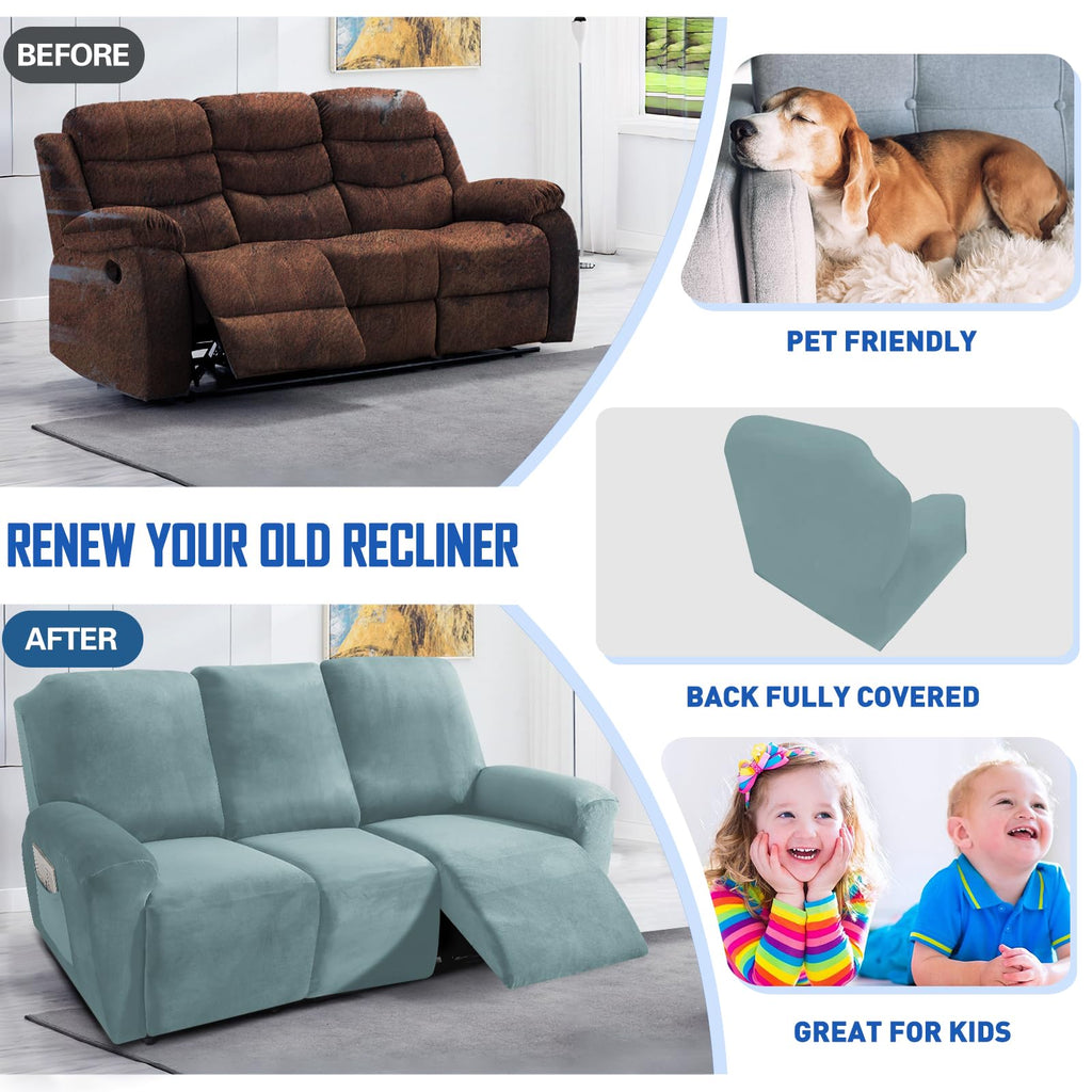 8 Pieces Recliner Sofa Covers, Stretch Velvet Reclining Couch Covers for 3 Cushion Furniture Covers, Thick, Soft