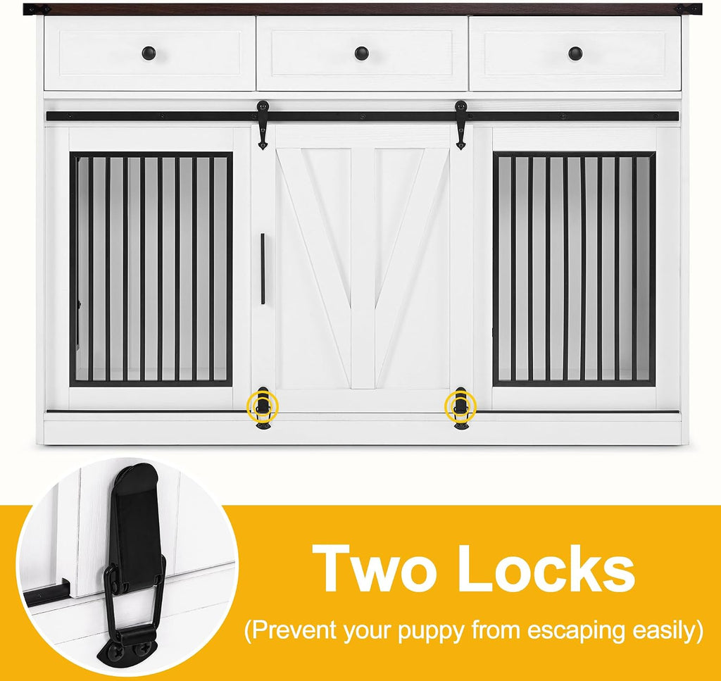 Dog Crate Furniture, Wooden Large Dog Kennel with Barn Door and 3 Drawers, 55.1 inches Length Pet Crate Indoor