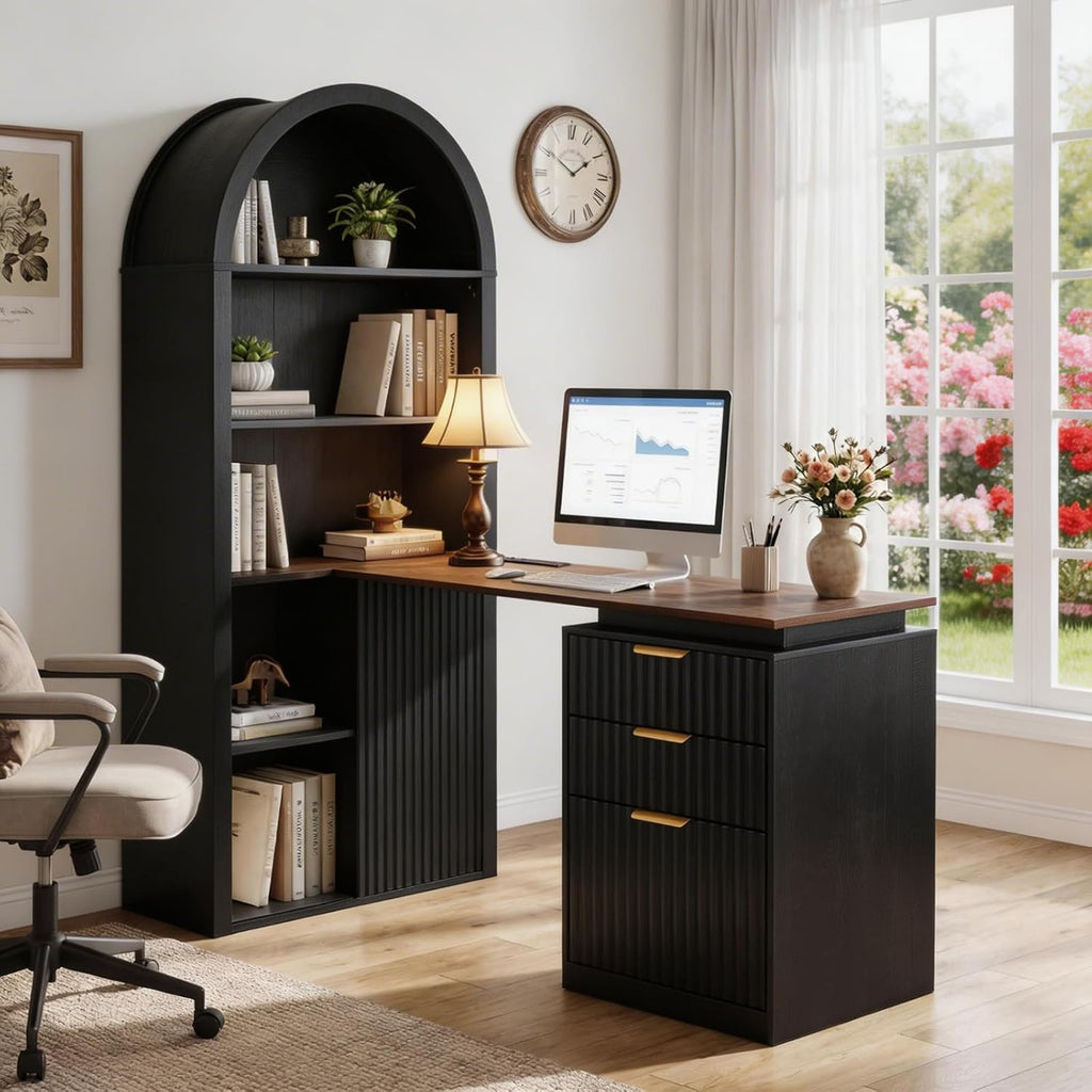 61 Inch L-Shaped Desk with Arched Hutch, Power Outlets, 3 Drawers, File Cabinet & Sliding Door Storage - Black