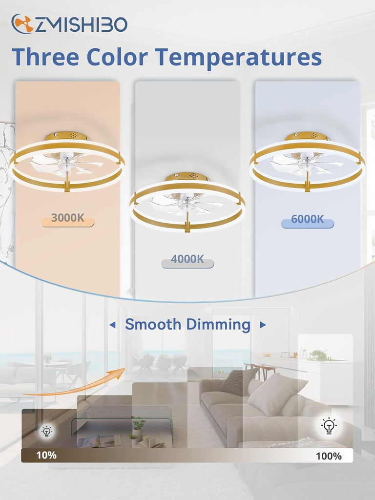 Ceiling Fans with Lights and Remote, 19.7'' Low Profile Ceiling Fan, 3000-6000K Dimmable Modern Flush Mount LED Fan Light, 6 Wind Speeds, Gold Fandelier Ceiling Fans for Bedroom A101-B0F1CCMY9D