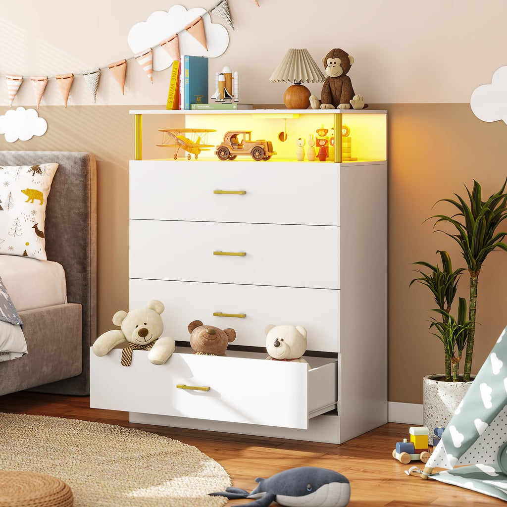 White with Column Design, 4 Drawer with Charging Station, Modern Bedroom Led Tall Closet