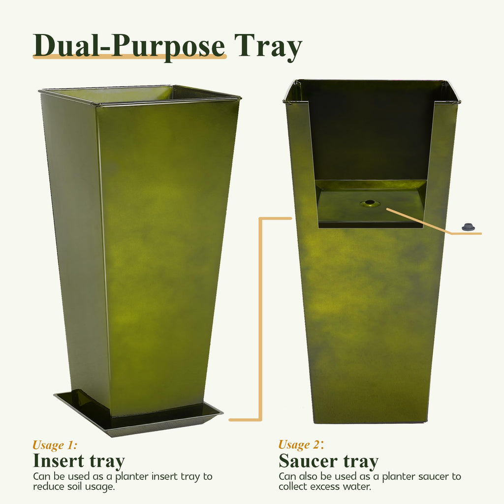 Garden 28" Large Metal Glazed Planter Set of 2, Luxurious Glossy Finish Green Tall Square Tapered Steel Plant Pots
