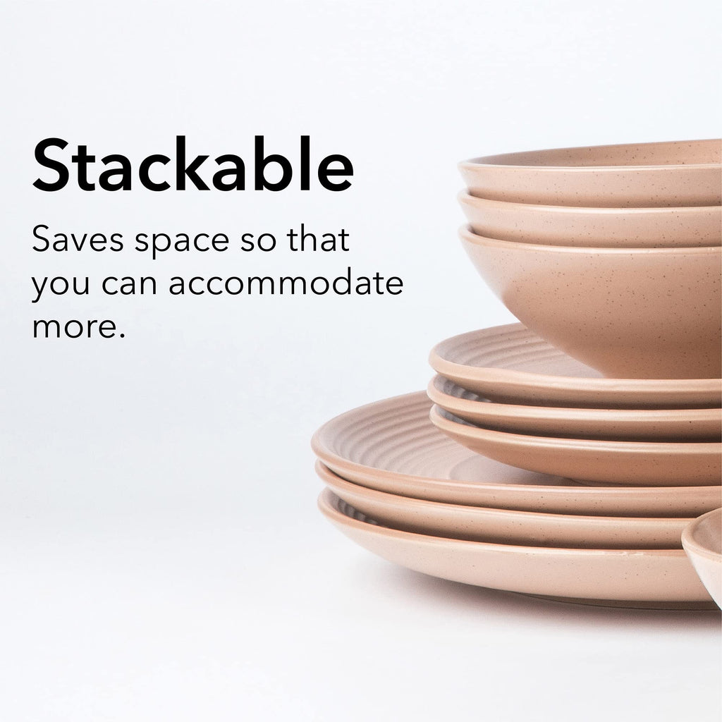 Round Stoneware 16pc Dinnerware Set of 4, Dinner Plates, Side Plates, Cereal Bowls, Mugs - Speckle Matte Coral