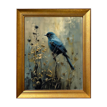 Vintage Blue Bird Painting Gold Framed Wall Art Dark Cottage Core Farmhouse Canvas Print Academia Gothic Aesthetic