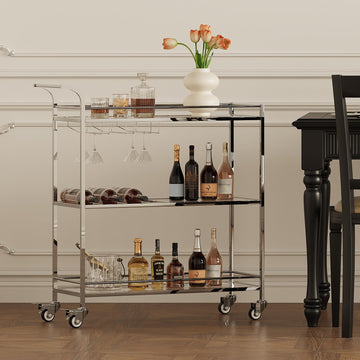 Bar Cart Silver, Home Bar Serving Cart, Modern Bar Cart with 3-Tier, Mobile Kitchen Shelf with Wine Rack and Glass