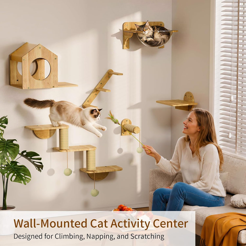 Cat Wall Shelves, Wood Cat Wall Furniture Set for Indoor Cats, Space Saving Wall Mounted Design, Cozy Hammock