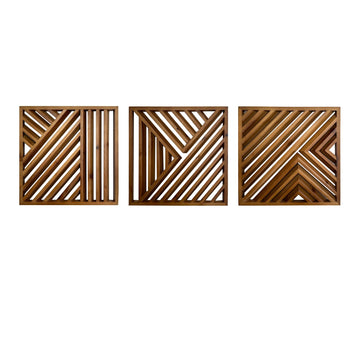 Wooden Geometric Home Wall Decor Slatted Wood Design Wall Sculpture, Set of 3 Wood Wall Art decorate, Boho Bathroom