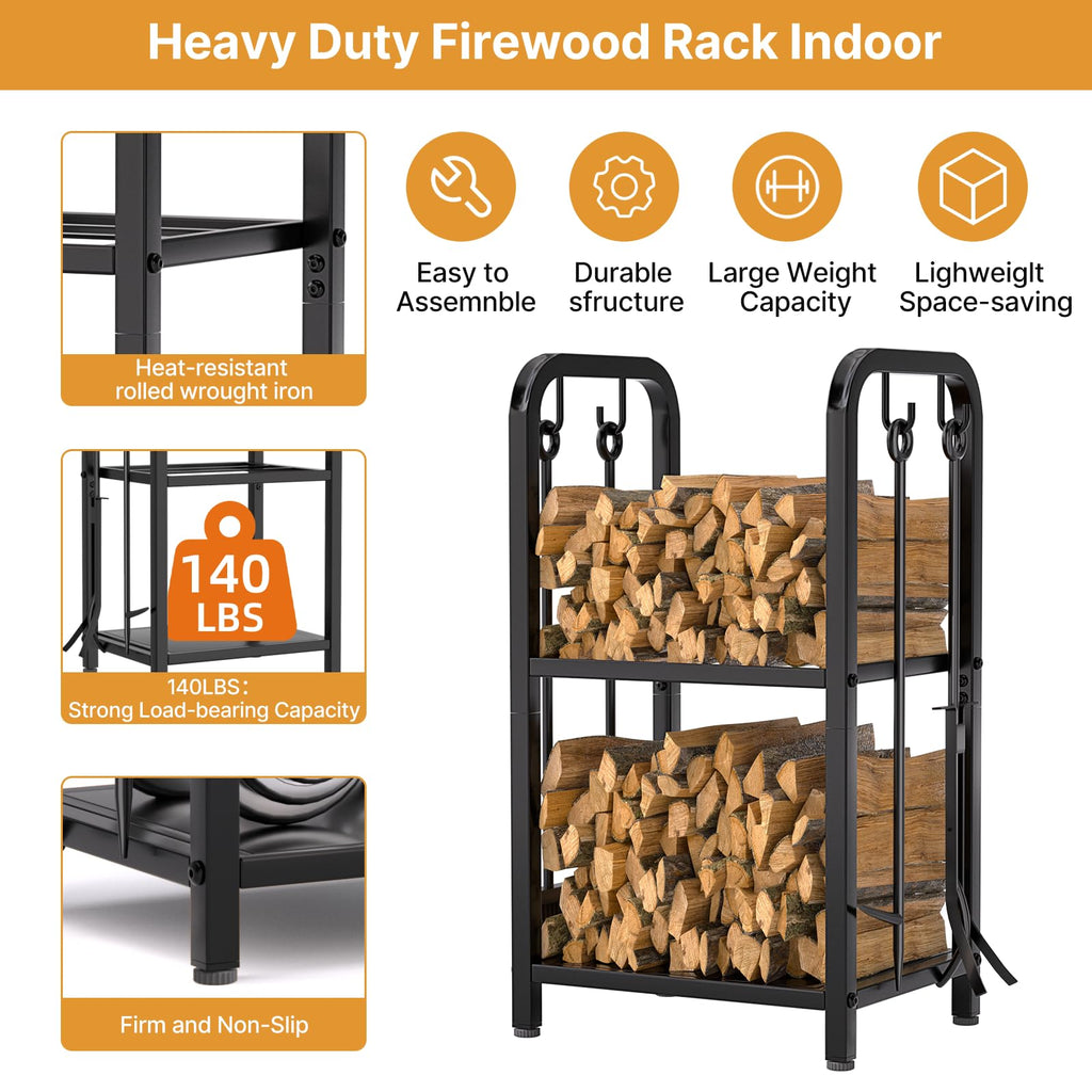 Firewood Rack Indoor with Tools, 2-Tier Firewood Holder Storage