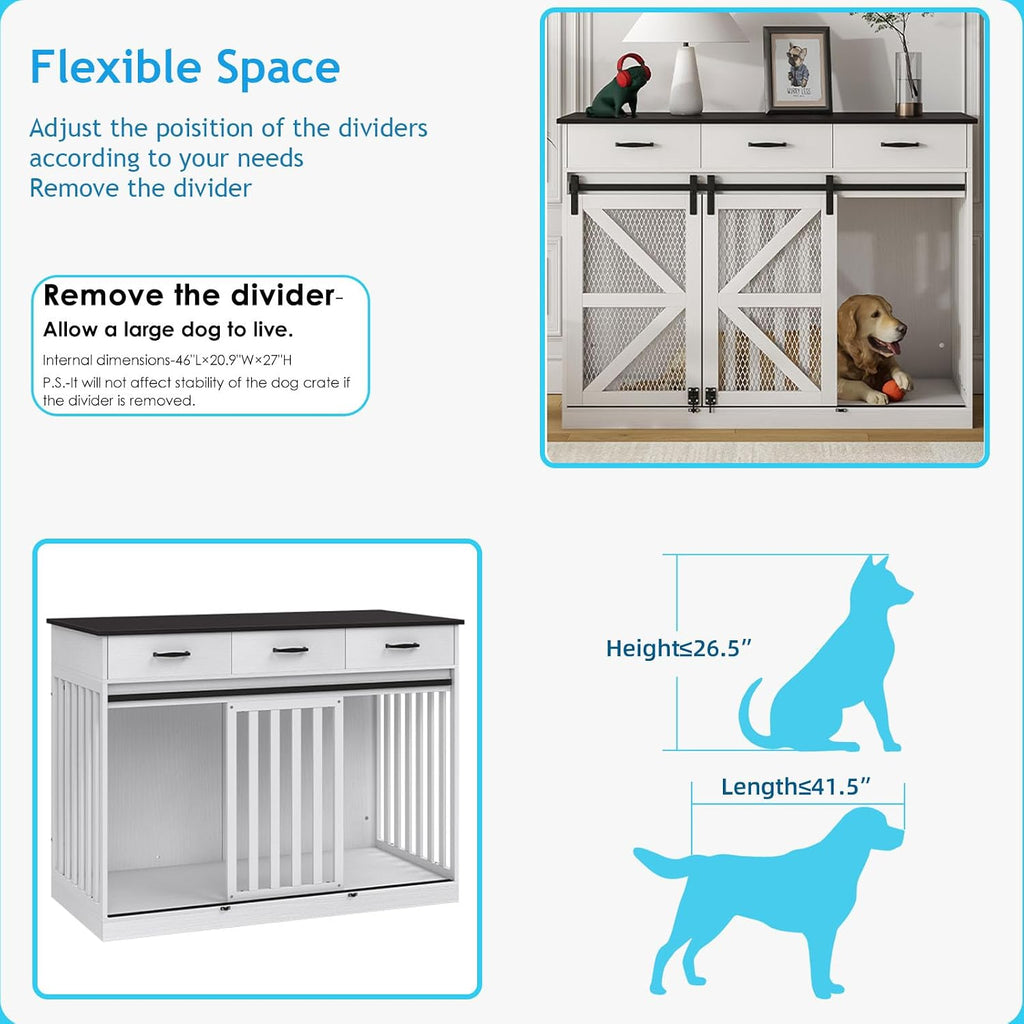 Dog Crate Furniture with Sliding Barn Door & 3 Storage Drawers