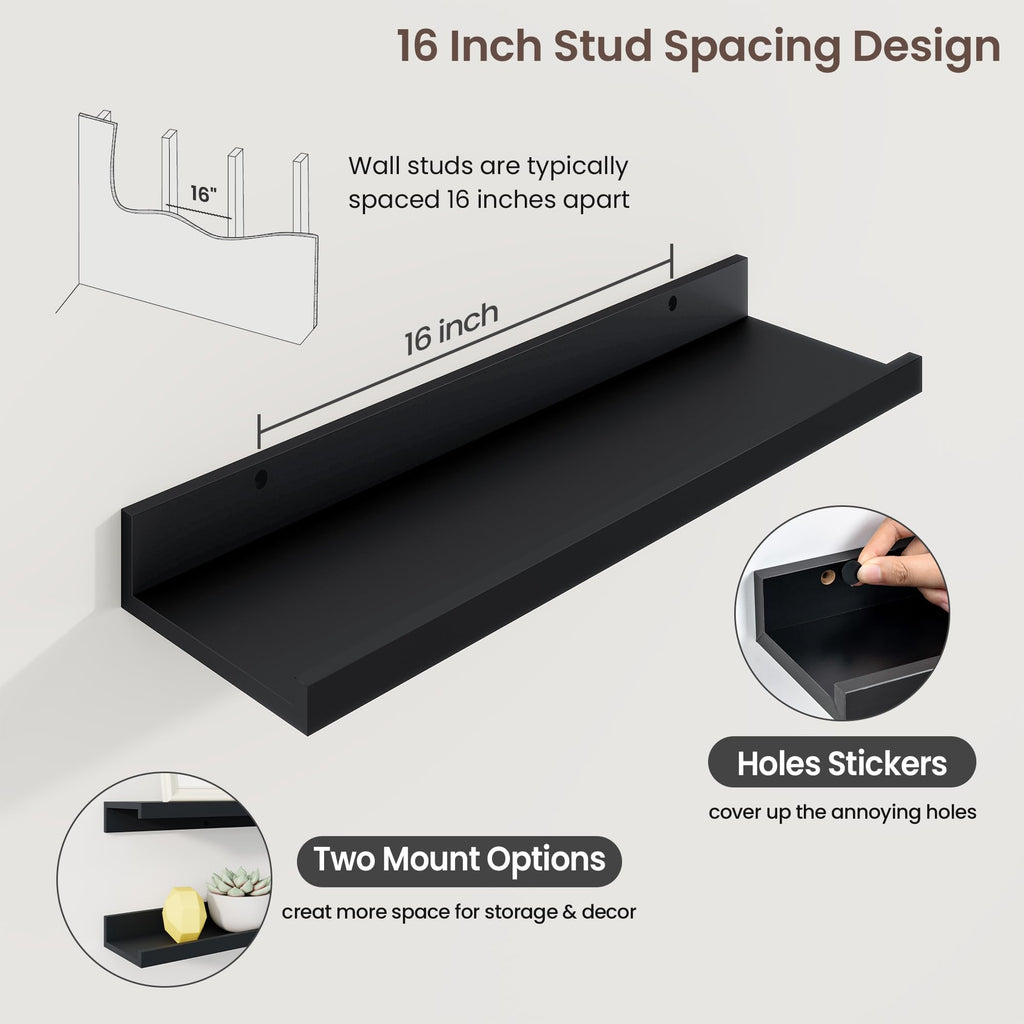 20 Inch Floating Shelves, Black Picture Ledge Shelf Set of 3