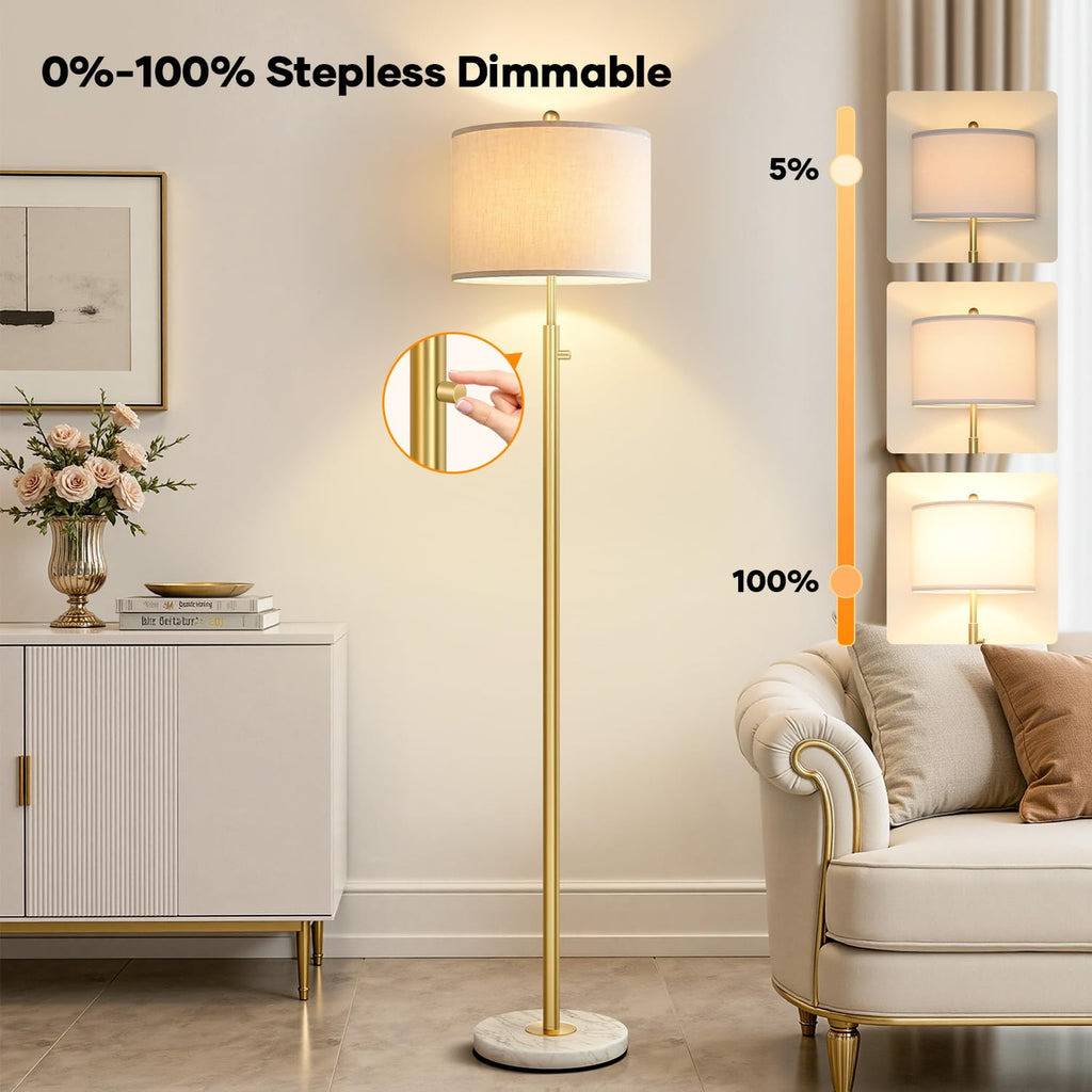 Dimmable Gold Floor Lamp, Turkish Marble Base, White Linen Shade