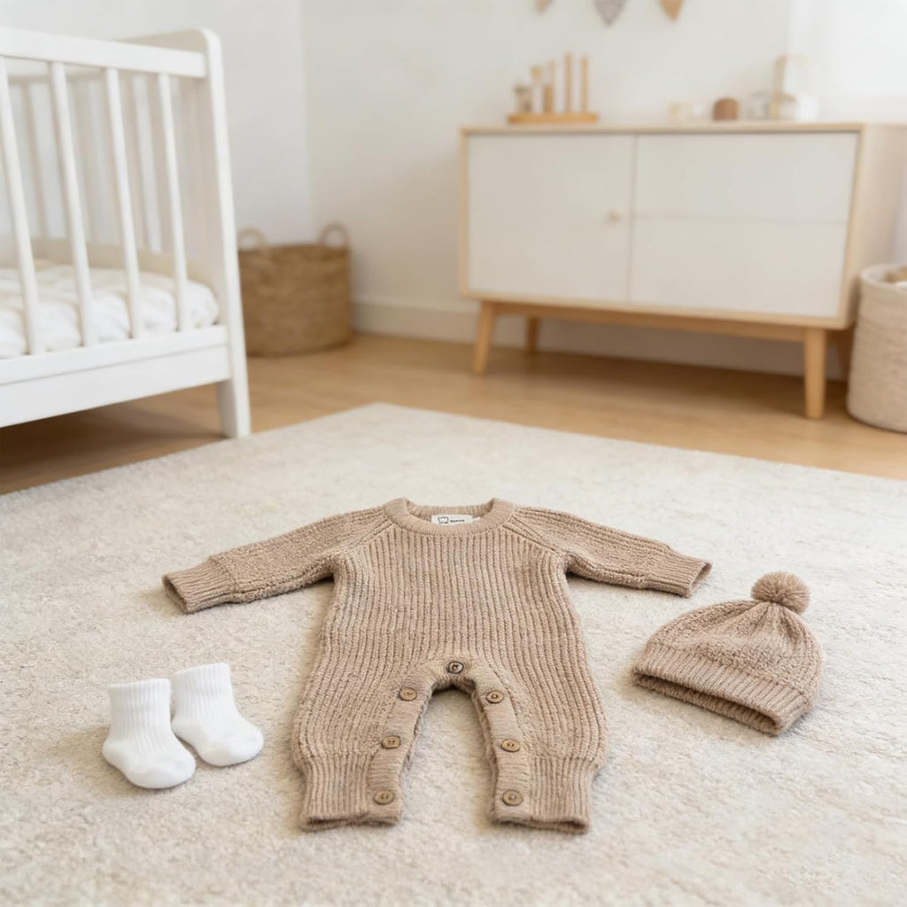 Cozy Baby 100% Cotton Knitted Romper, White Long Sleeve Jumpsuit, Winter Outfit, Button Closure