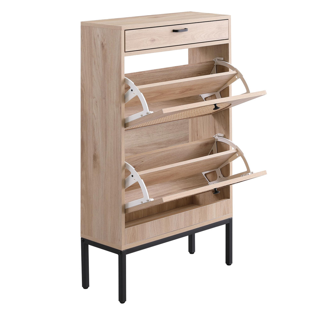 Shoe Cabinet, Natural Semi Circle Rattan Shoe Storage Organizer Cabinet with 2 Flip Drawers, Freestanding Shoe Rack