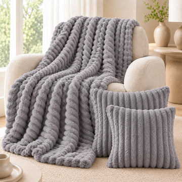 Blanket & Throw Pillow Covers Set - Dual-Sided Faux Fur Fluffy Blanket (50" x 60"), 2 Pcs Cozy Plush Throw Pillow