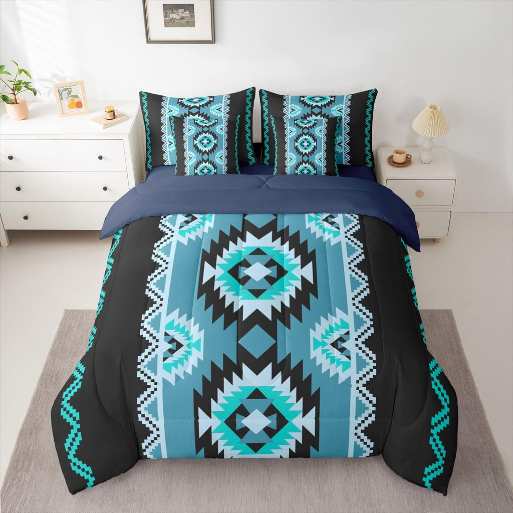 Southwestern Aztec Comforter Set Full Size 7 Pieces Western Tribal Aztec Native American Bedding Set Blue Boho Exotic