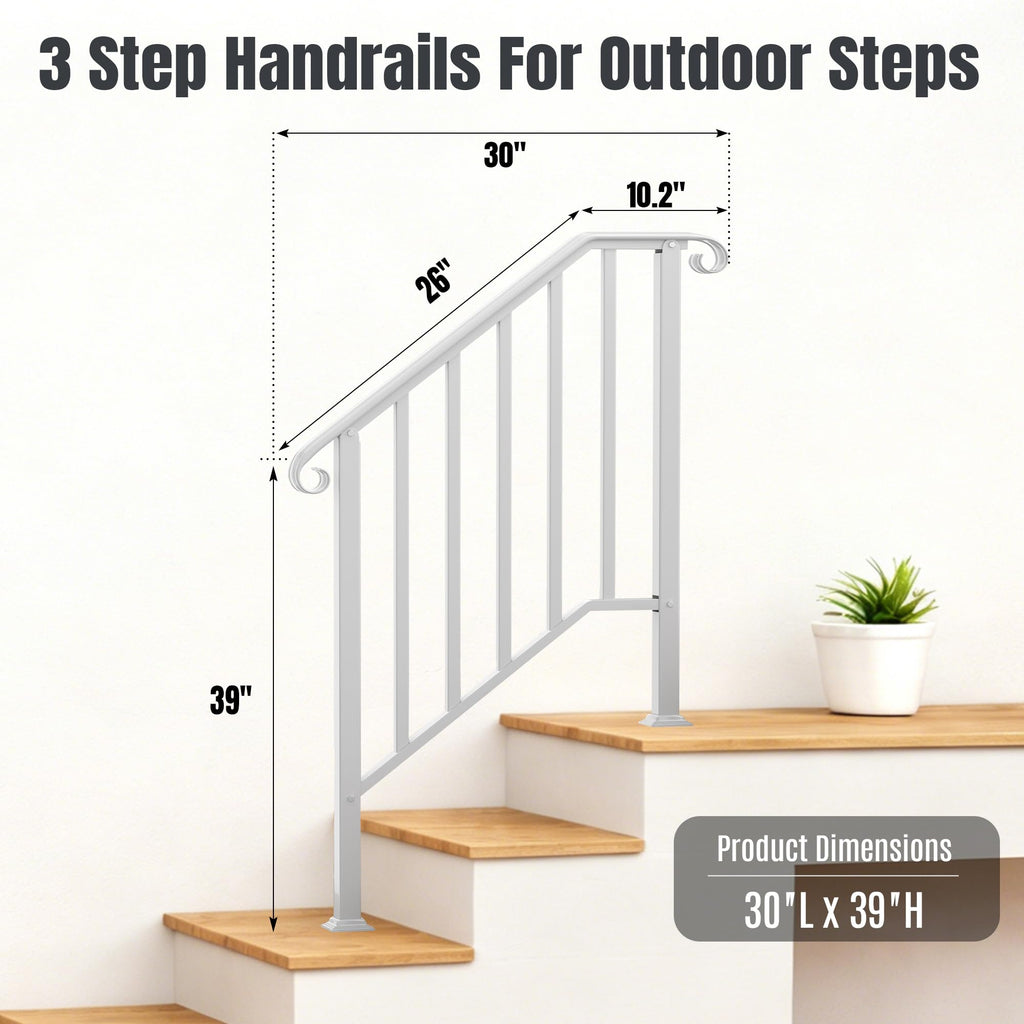 2 Pack 3 Step Handrails for Outdoor Steps, Wrought Iron Stair Railing Fits 2 or 3 Steps, Metal Hand Railing with