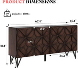 63” Solid Acacia Wood Sideboard Buffet Cabinet, Hand-Carved Geometric Door Console with Adjustable Shelves for Hallway