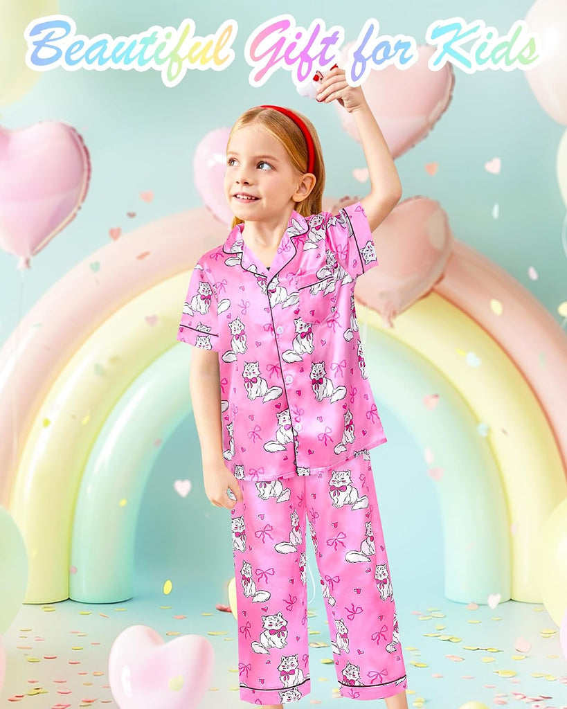 Girls Satin Pajamas Silk PJS Set Rainbow Unicorn Sleepwear Short Sleeve Long Pants Jammies for Toddler Kids