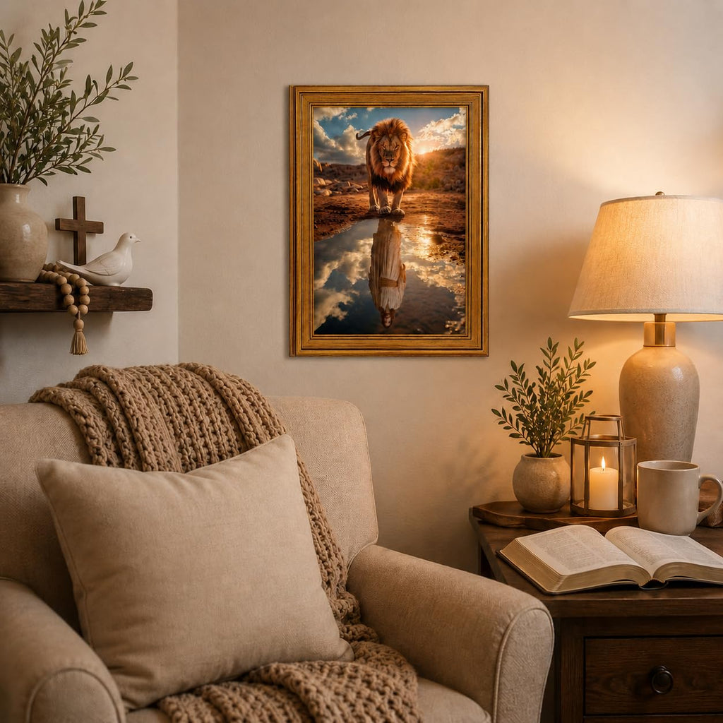 Lion of Judah Jesus Wall Art, Gold Framed Christian Decor, 12x16 inch
