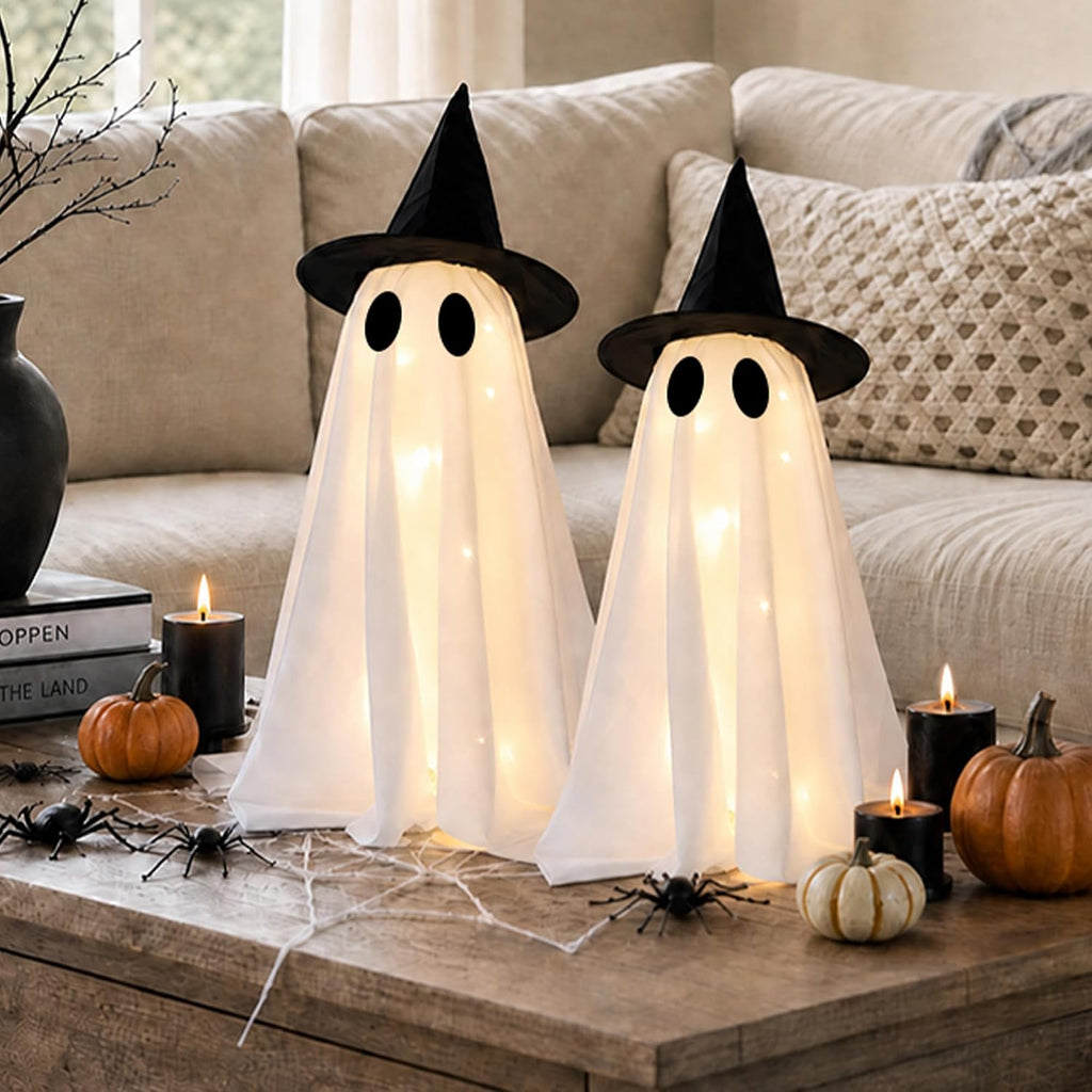 Halloween Decorations Light-Up Ghosts with Witch Hats - Set of 2