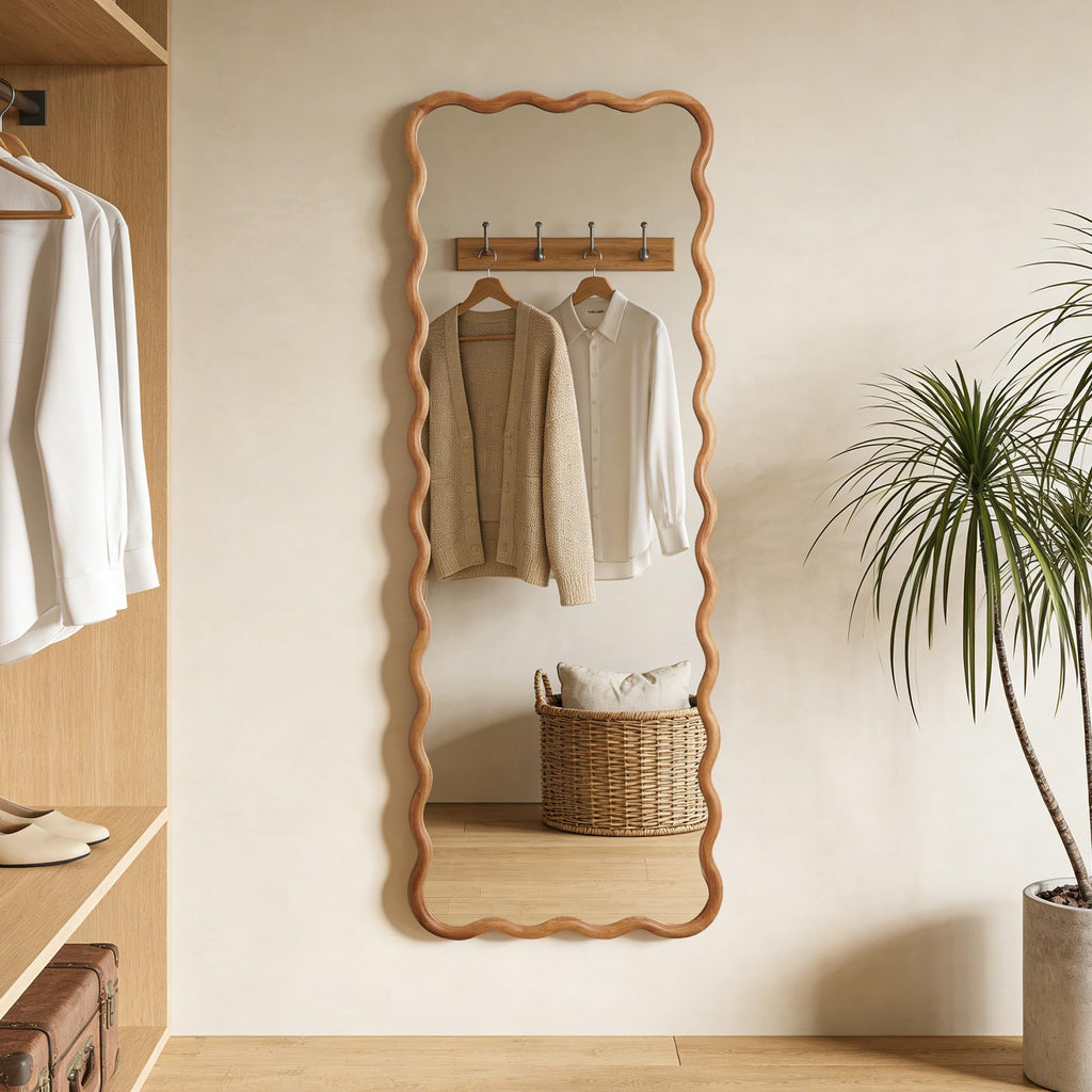 24"x65" Full Length Mirror with Wood Frame, Natural Wood Wavy Mirror, Decorative Floor or Wall Mounted Mirror and