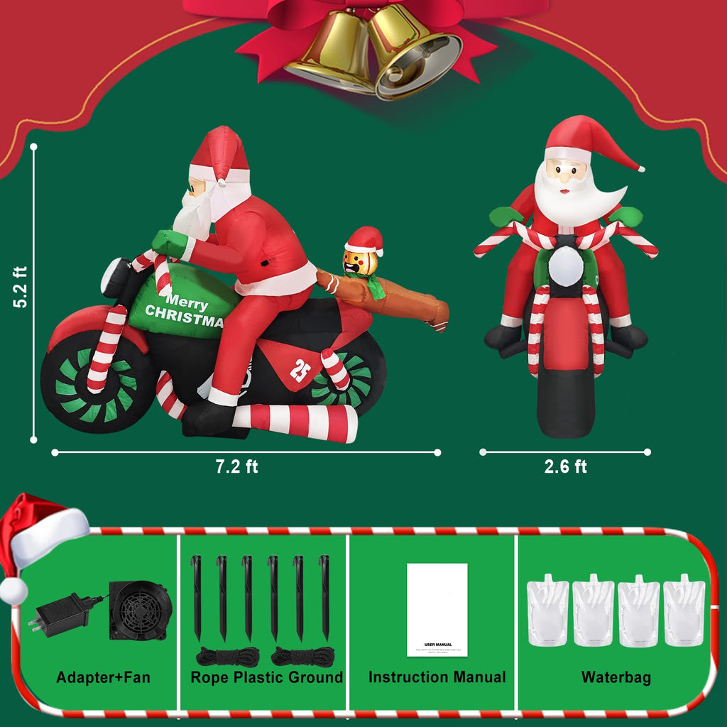 6FT Christmas Inflatable Santa Riding Motorcycle with Gingerbread Man Lighted Blow Up Outdoor Decoration for Holiday