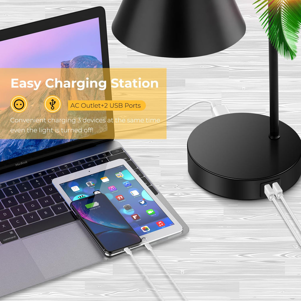 Industrial Dimmable Desk Lamp with 2 USB Charging Ports AC Outlet, Touch Control Bedside Nightstand Reading Lamp