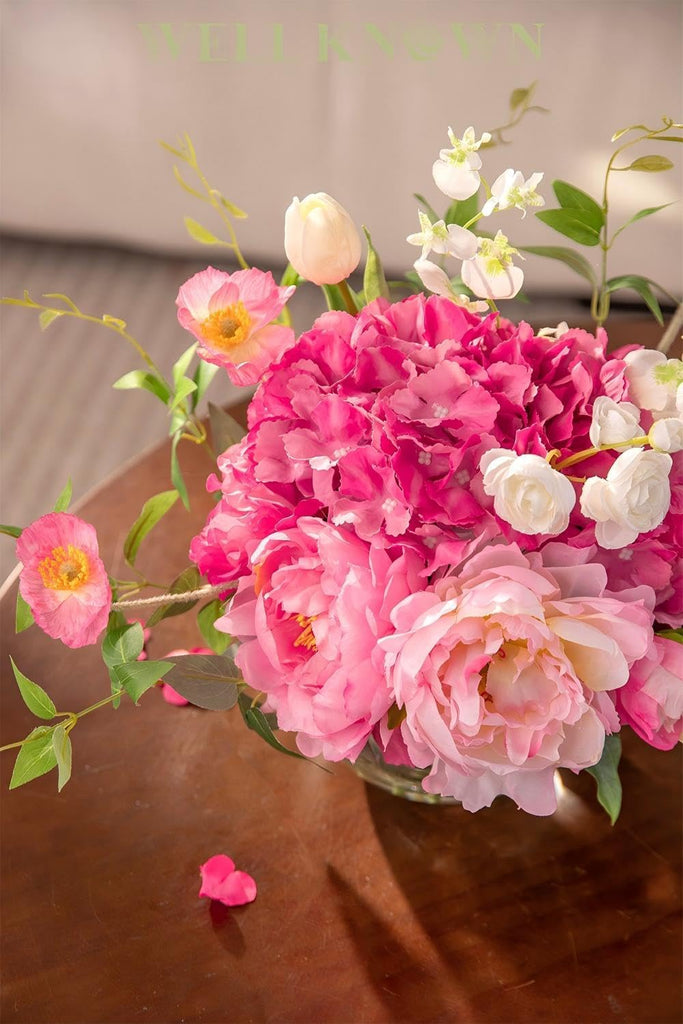 Artificial Flowers in Vase, Silk Hydrangea Bouquet and Peonies Artificial Flowers Table Centerpieces with Faux Water