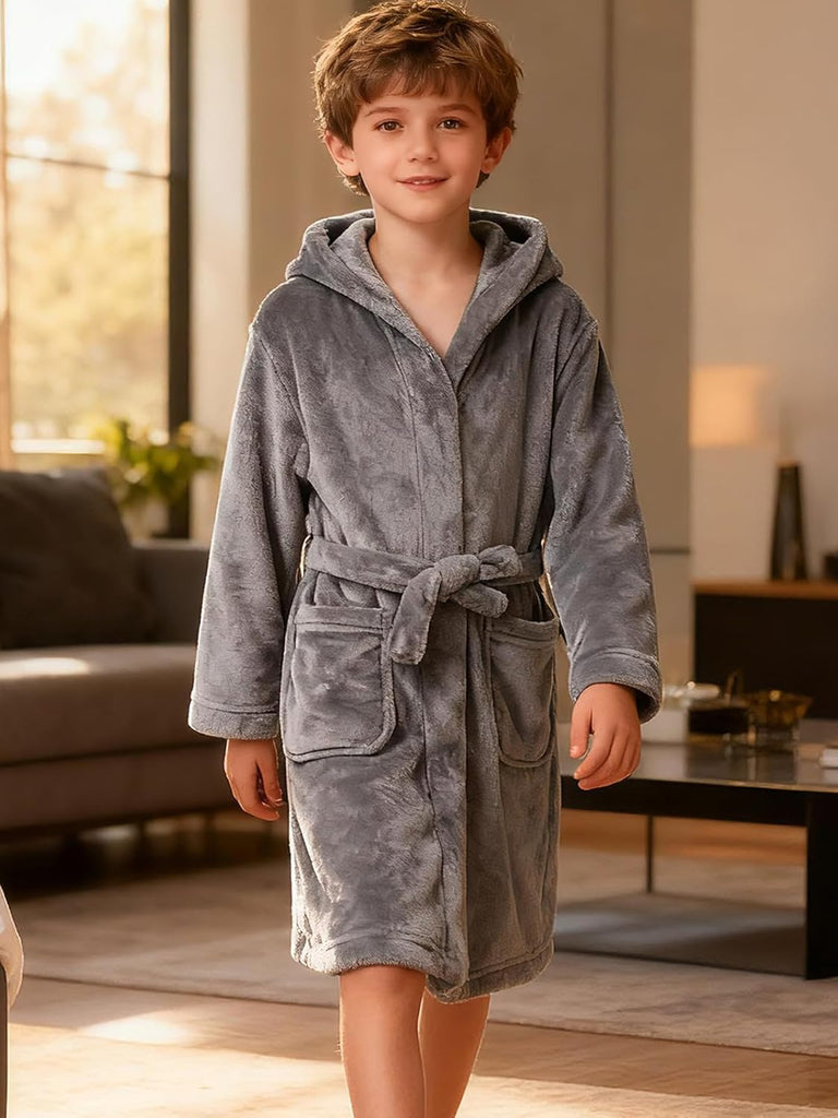 Kids Toddler Boys Girls Fleece Robe Soft Hooded Bathrobe Pajamas Sleepwear