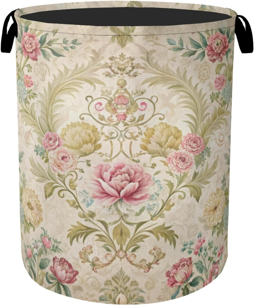 Shabby Chic Rose Laundry Basket with Handles - Extra Large Foldable Hamper /Laundry/Bedroom/Dorm, Washable Fabric