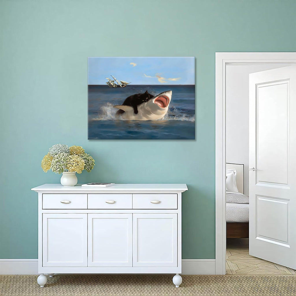 Framed Black Cat Bathroom Wall Art, Funny Quirky Cat and Shark Pictures Canvas Print, Abstract Black Cat Shark
