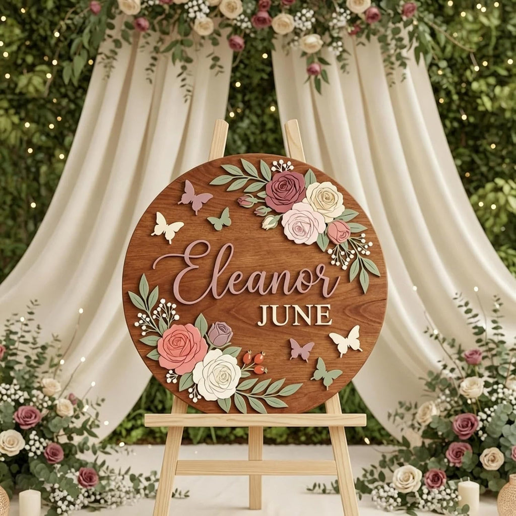 Personalized Wooden Name Sign, Custom Floral Round Wall Decor, Rustic Wooden Name Plaque, Nursery Room Decor