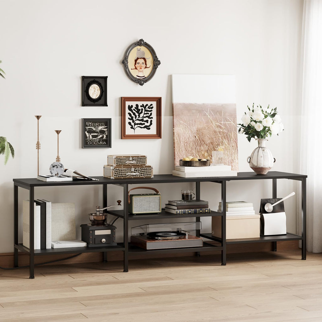 TV Stand with Power Outlets to 75 Inches, TV Console Table with Open Storage Shelves Cabinet, Industrial Media