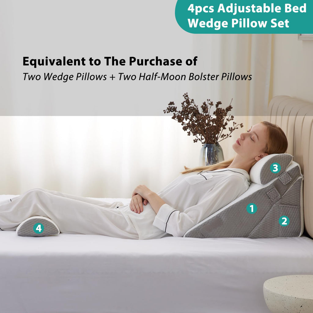 Adjustable 4pcs Bed Wedge Pillow Set, Memory Foam Wedge Pillows Post Surgery for Back, Neck, Leg Pain Relief, Pillow