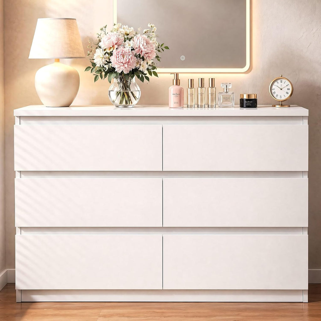 6 Drawer Double Dresser , Modern Simply Chest of Drawers, Wood Storage Dresser with Anti-Tipping Hallway Entryway