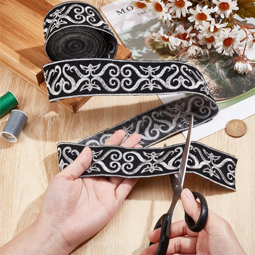 Black Silver Jacquard Ribbon, 1.9 Inch Hot Adhesive Floral Trim Iron on Sew on Embroidery Woven Ribbon for - 4.9 Yards