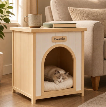 Indoor Wooden Dog Cat House with Removable Cushion, Cedar
